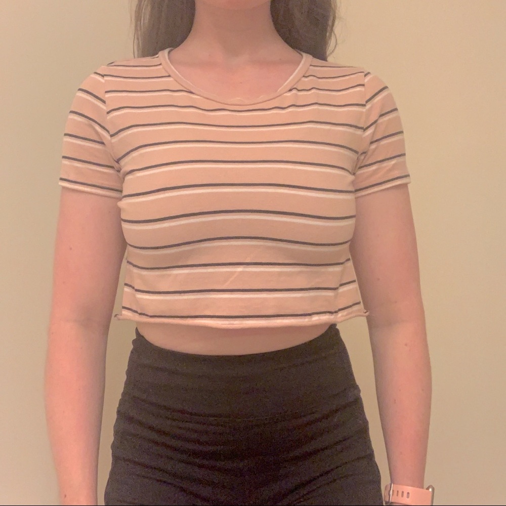 Pink black and white striped crop top